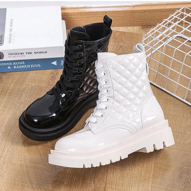 Lace-up Thick-heeled Boots Winter Casual Round Toe Platform Ankle Boots Women Fashion Quilted Pattern Minimalist Motorcycle Shoes - Trends Mart Club