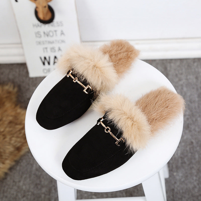 Rabbit Fur Suede Half Slippers Leather Fur Ball Flat Fur Shoes - Trends Mart Club
