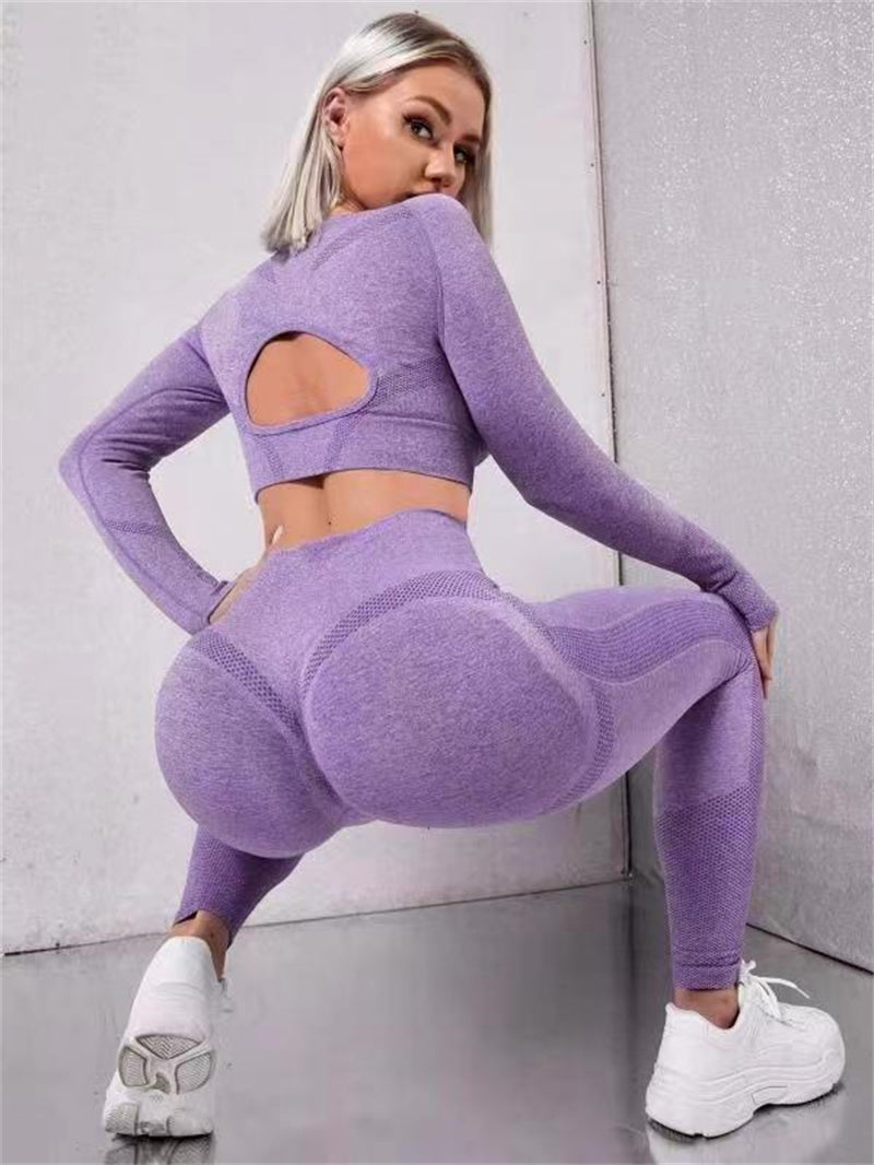 2pcs Sports Suits Long Sleeve Hollow Design Tops And Butt Lifting High Waist Seamless Fitness Leggings Sports Gym Sportswear Outfits Clothing - Trends Mart Club