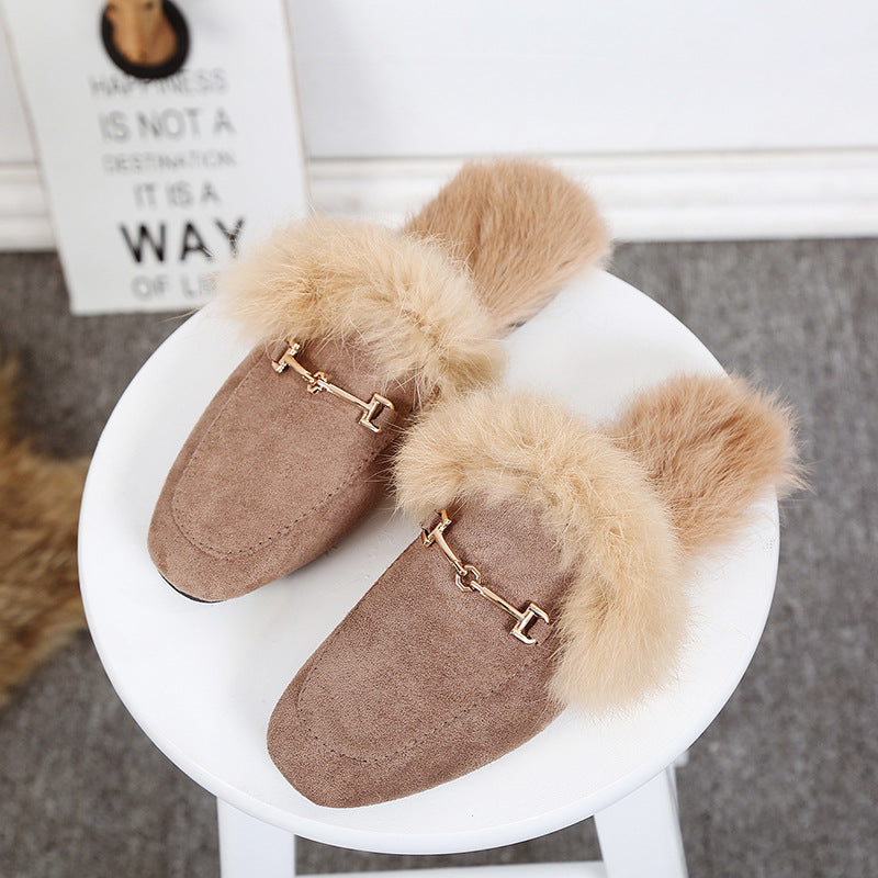 Rabbit Fur Suede Half Slippers Leather Fur Ball Flat Fur Shoes - Trends Mart Club
