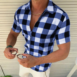 Plaid T Shirt Mens Zipper Short Sleeve Shirts Summer Men Clothing - Trends Mart Club