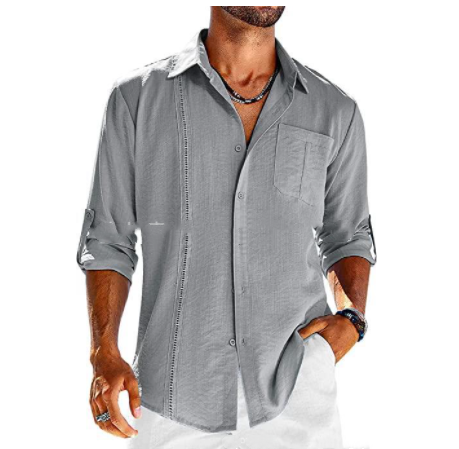 Casual  Long Sleeve Shirt With Pocket Lace Polo Collar Solid Color Button Mens Clothing - Trends Mart Club