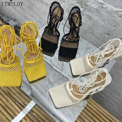 Sexy Hollow Out Mesh Women Pumps Lace Up Sandals Female Square Toe High Heel Summer Fashion Ankle Strap Ytmtloy - Trends Mart Club