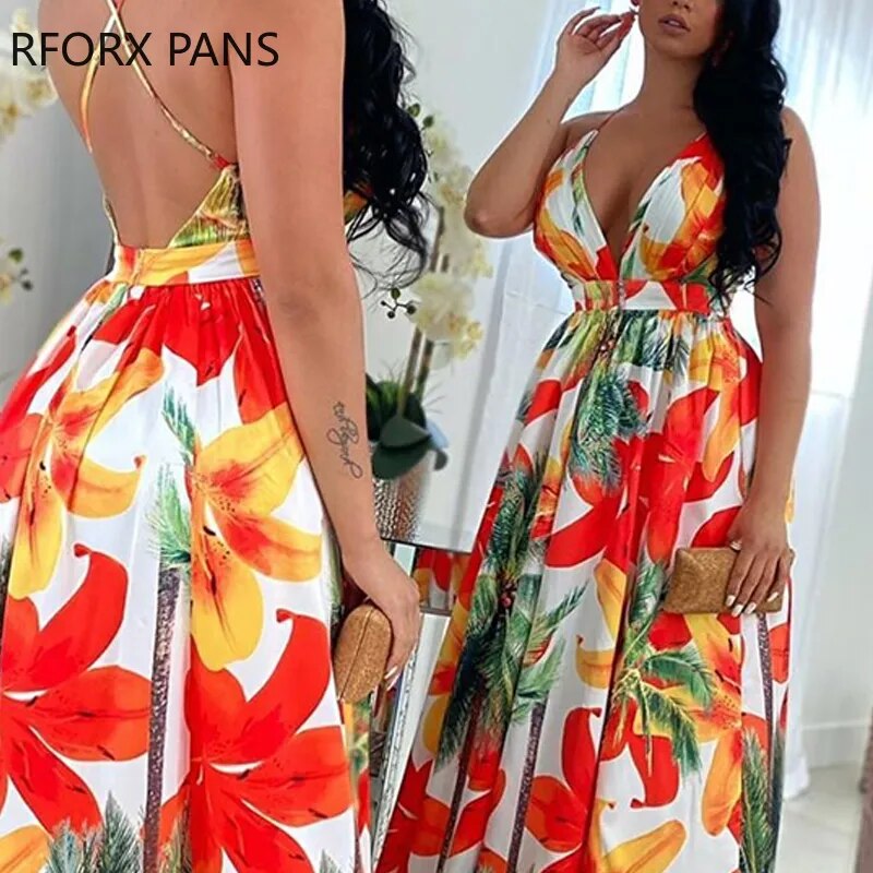Floral Print Backless Maxi Dress Summer Dress Women Fashion Party Elegant Clothes - Trends Mart Club