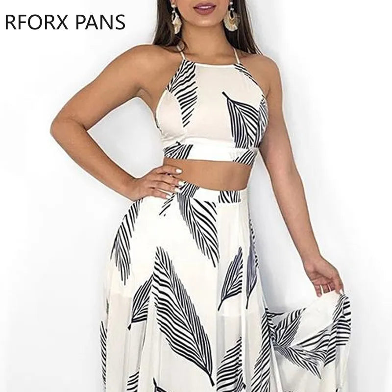 Women Leaf Print Backless Two Pieces Dress Cami Top &amp; Split Maxi Set  Dress - Trends Mart Club