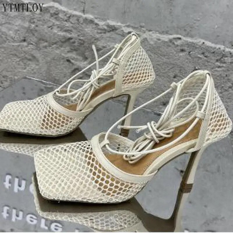 Sexy Hollow Out Mesh Women Pumps Lace Up Sandals Female Square Toe High Heel Summer Fashion Ankle Strap Ytmtloy - Trends Mart Club