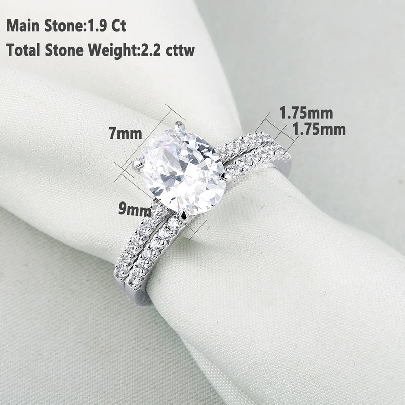Newshe 2 Pieces 925 Sterling Silver Engagement Rings Set 1.9Ct Oval Shape AAAAA Zircon Jewelry Eternity Wedding Band BR0943 - Trends Mart Club