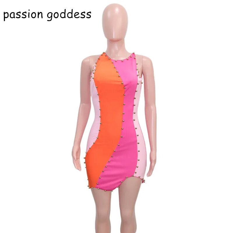 Women 2022 Summer Casual Beading Bodycon Mini Tank Dresses Patchwork Color Streetwear Sheath Sexy Ruffles Edge Irregular Dress - Trends Mart Club