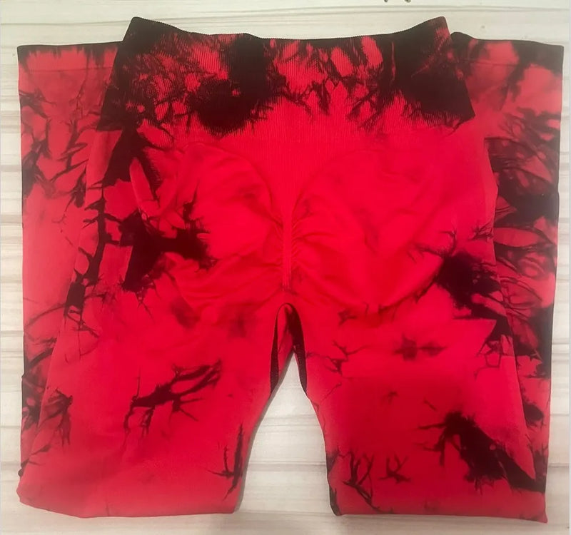 Women Tie Dye Hollow Out Leggings Sports Pants Fitness Sportswear Sexy High Waisted Push Up Gym Tights Red Running Leggings - Trends Mart Club