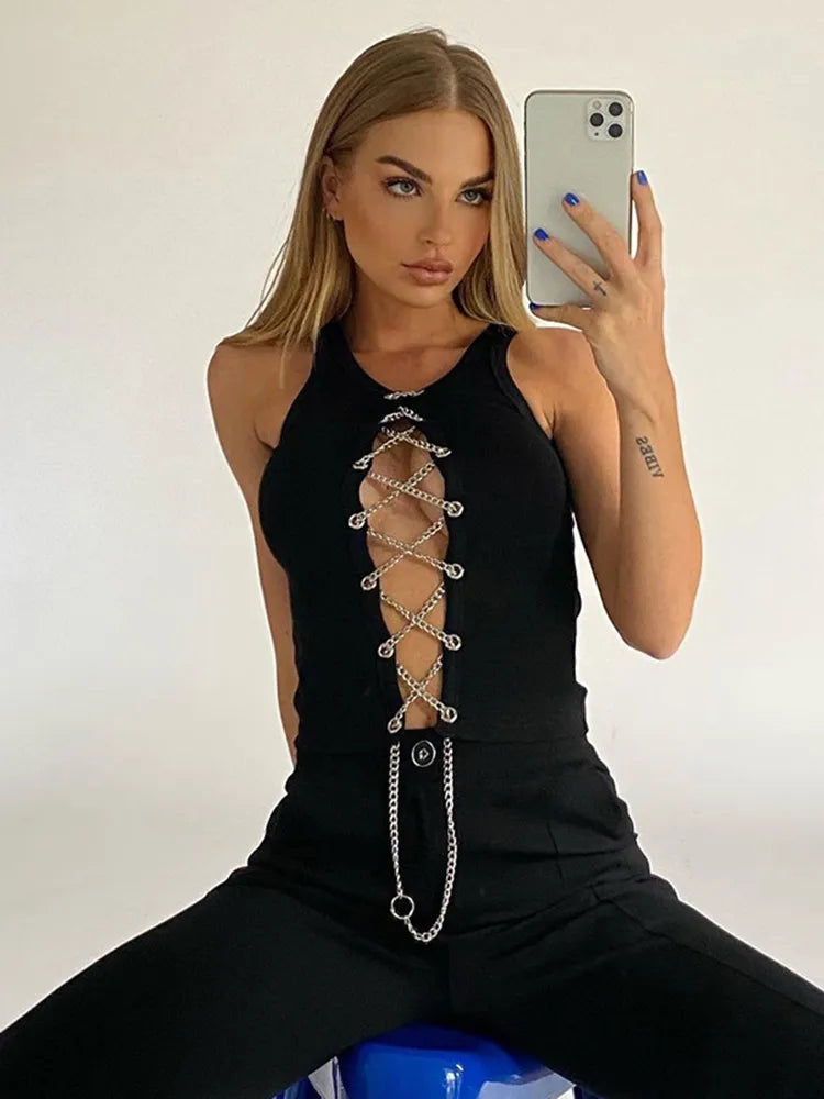 Cryptographic Fashion Sleeveless Lace Up Chain White Crop Tops for Women Club Party Backless Knitted Sexy Top Cropped Streetwear - Trends Mart Club