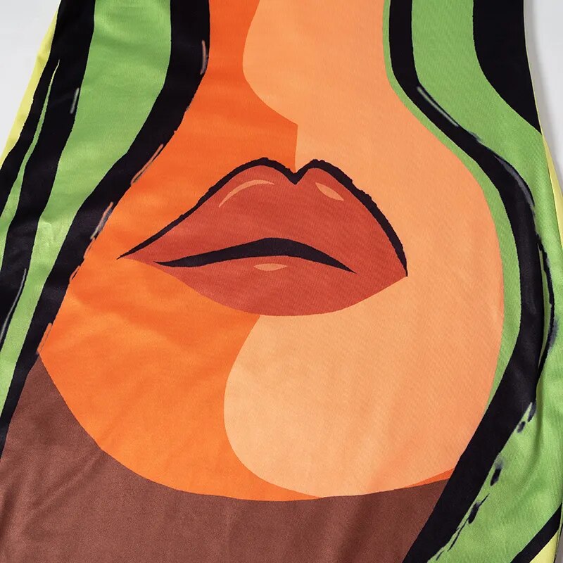 CUTENOVA Fashion Orange And Green Color Clashing Stand Collar Sleeveless Dress Big Sexy Lips Printed Slim Outfit - Trends Mart Club