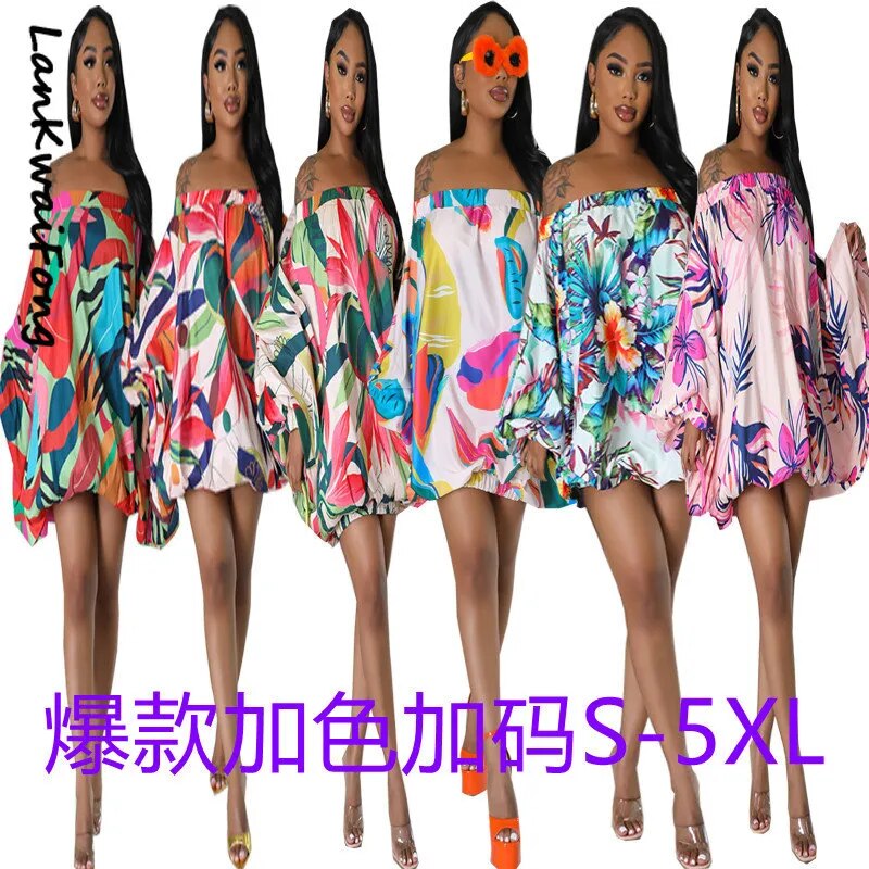 LKF 2023 New Women&#39;s 5XL Dress Off Shoulder Sexy Print Loose Mini Vacation Casual Dress - Trends Mart Club