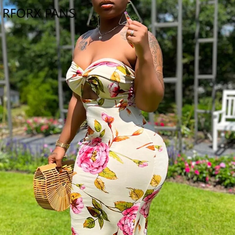 Women Solid Strapless Off Shoulder All Over Print with Floral Pattern Hollow Out Sleeveless Sexy Vacation Maxi Dress - Trends Mart Club