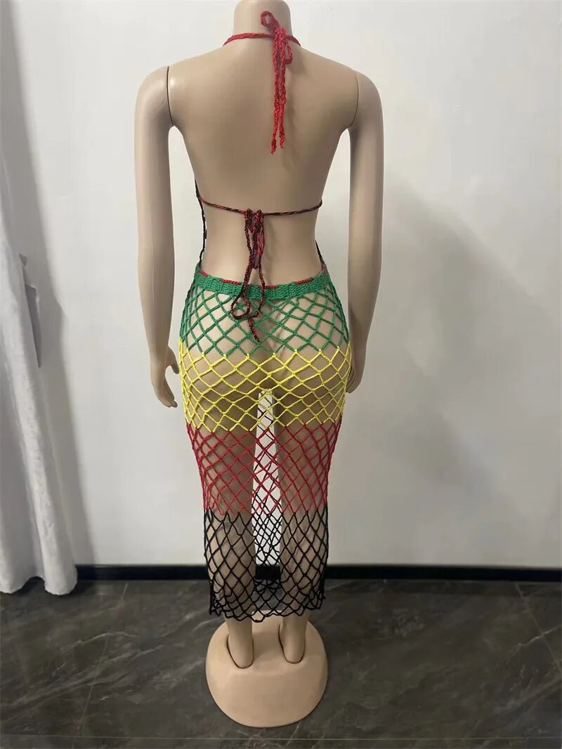 Color Patchwork Hand Knitted Summer Beach Dress Women Sexy Hollow Out Fishnet Lace Up Halter Backless Holiday Bikini Cover Ups - Trends Mart Club
