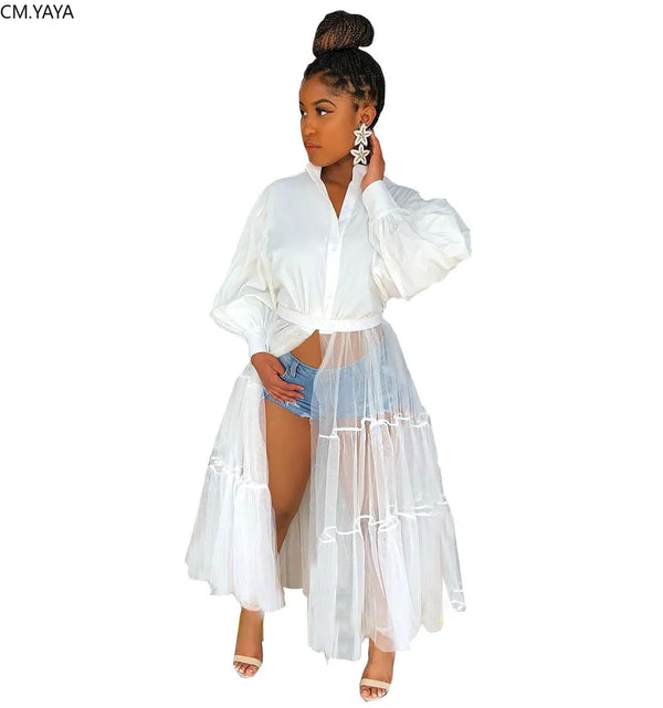 CM.YAYA Women Summer Long Sleeve Maxi Blouses Mesh Patchwork Long Dress Vintage Sexy Club Maxi Dresses - Trends Mart Club