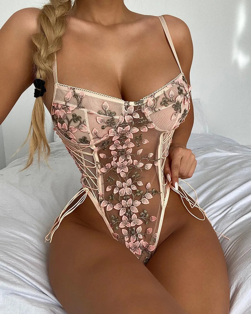 Yimunancy Floral Embroidery Lace Bodysuit Women 15 Colors String Lace Up Fancy Sexy Bodysuit Body Femme - Trends Mart Club