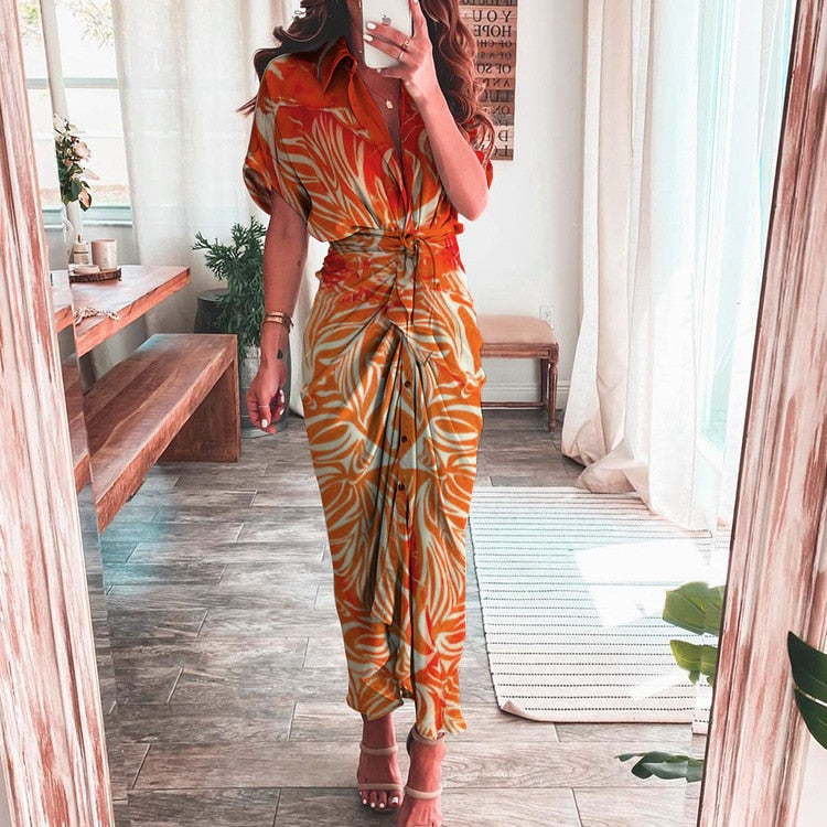 Women Vintage Printed Maxi Dress Summer Casual Button Lace Up Short Sleeve Dresses Female Solid V Neck Beach Long Dress Vestidos - Trends Mart Club