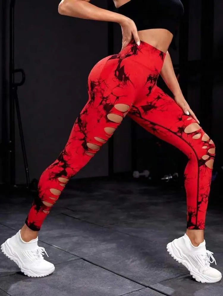 Women Tie Dye Hollow Out Leggings Sports Pants Fitness Sportswear Sexy High Waisted Push Up Gym Tights Red Running Leggings - Trends Mart Club