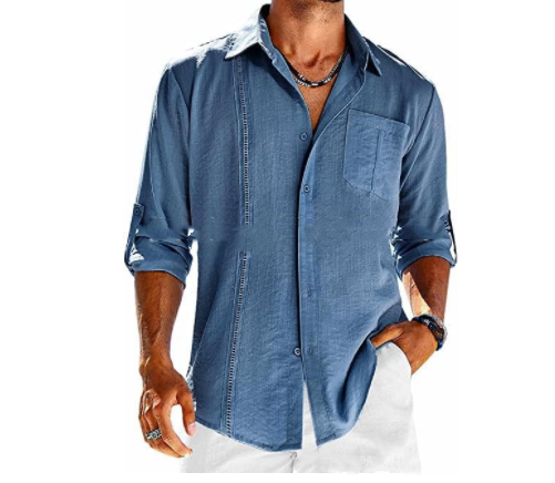 Casual  Long Sleeve Shirt With Pocket Lace Polo Collar Solid Color Button Mens Clothing - Trends Mart Club