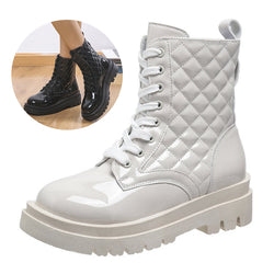Lace-up Thick-heeled Boots Winter Casual Round Toe Platform Ankle Boots Women Fashion Quilted Pattern Minimalist Motorcycle Shoes - Trends Mart Club