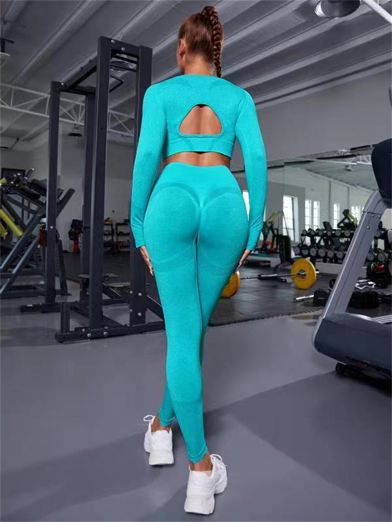 2pcs Sports Suits Long Sleeve Hollow Design Tops And Butt Lifting High Waist Seamless Fitness Leggings Sports Gym Sportswear Outfits Clothing - Trends Mart Club