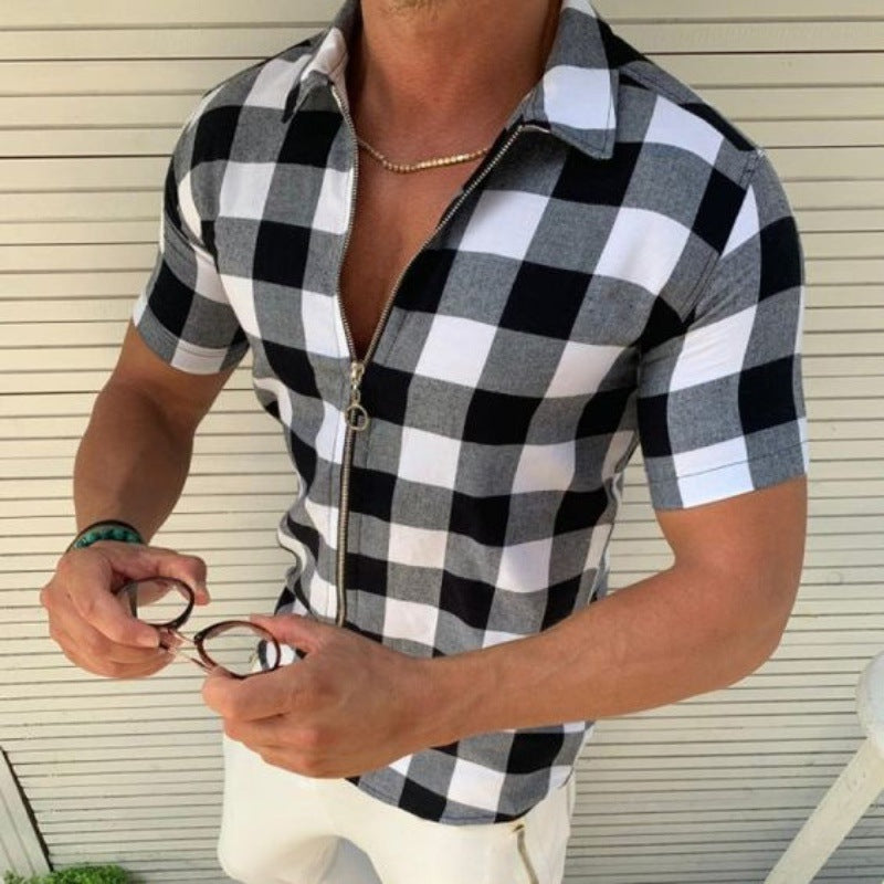 Plaid T Shirt Mens Zipper Short Sleeve Shirts Summer Men Clothing - Trends Mart Club