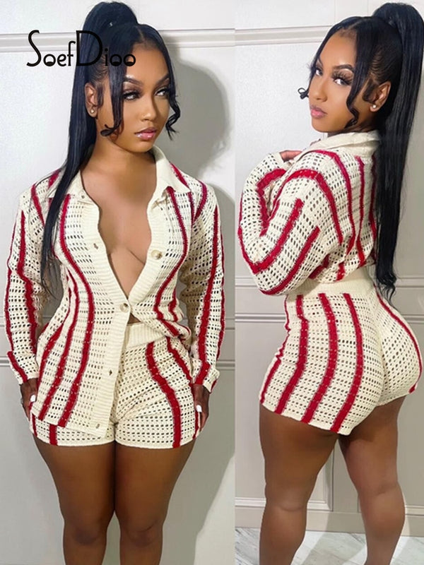 Soefdioo Striped Knitted Lapel Long Sleeve Single Breasted Tops and Shorts Two Piece Sets Womens Outfits Autumn 2022 Streetwear - Trends Mart Club