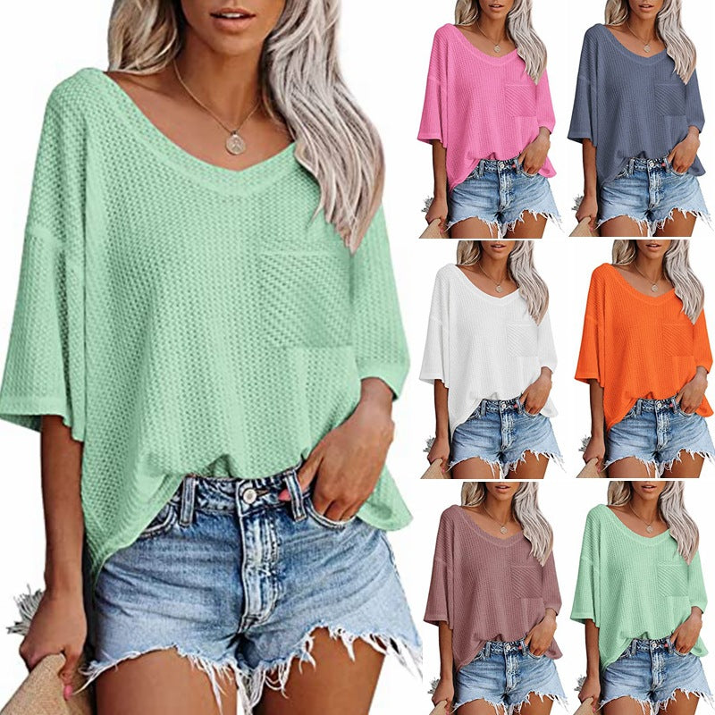 V-neck Shirts Women Summer Short Sleeve Green Tops With Patched Pocket - Trends Mart Club